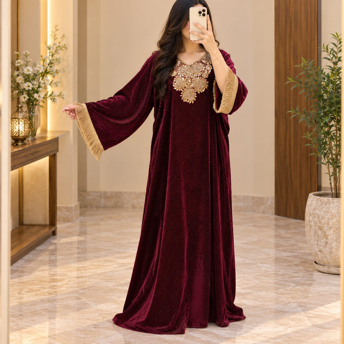 L/XL Royal Burgundy Velvet Crystal Kaftan – 60 Inches Length