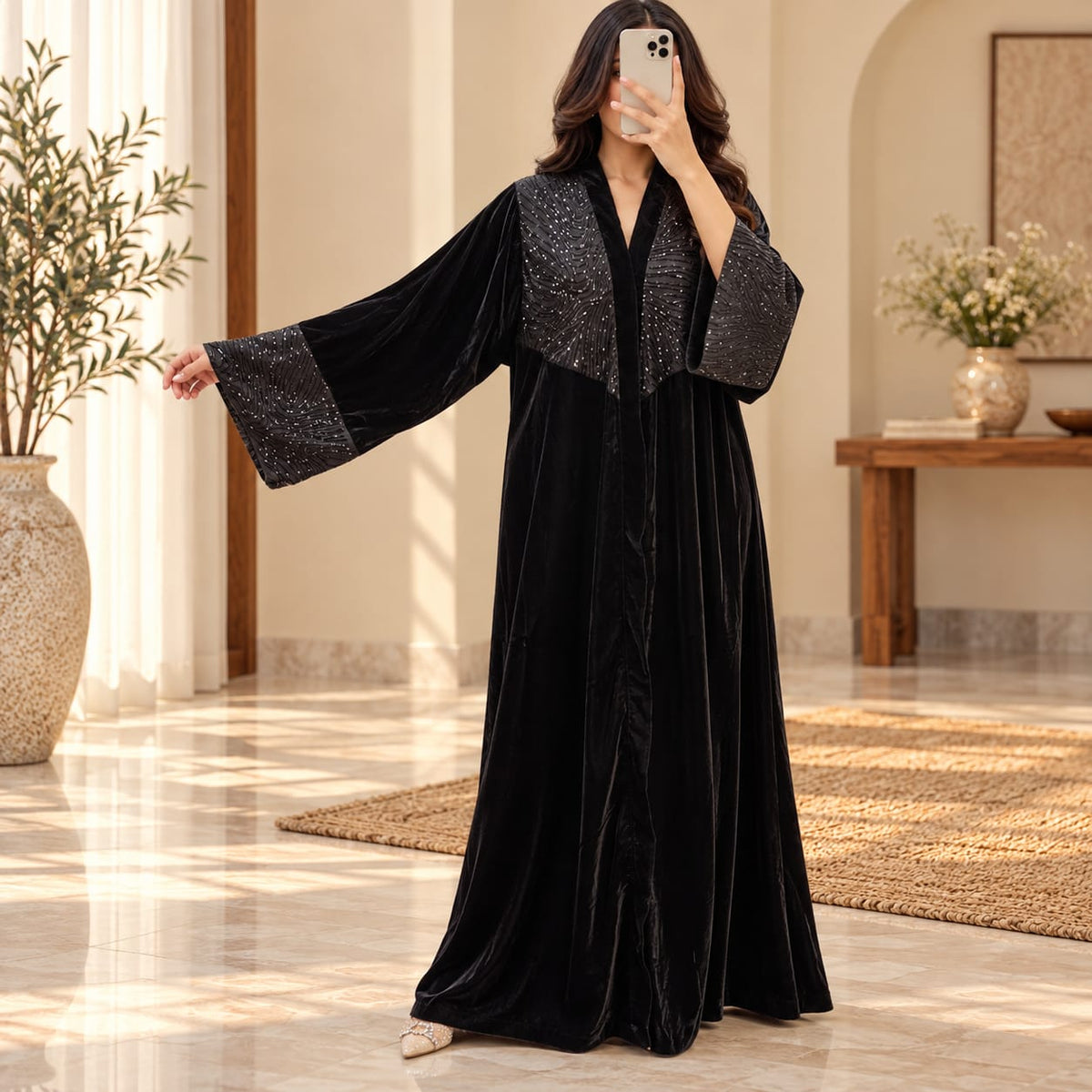 Free Size Royal Burgundy Velvet Crystal Kaftan – 60 Inches Length