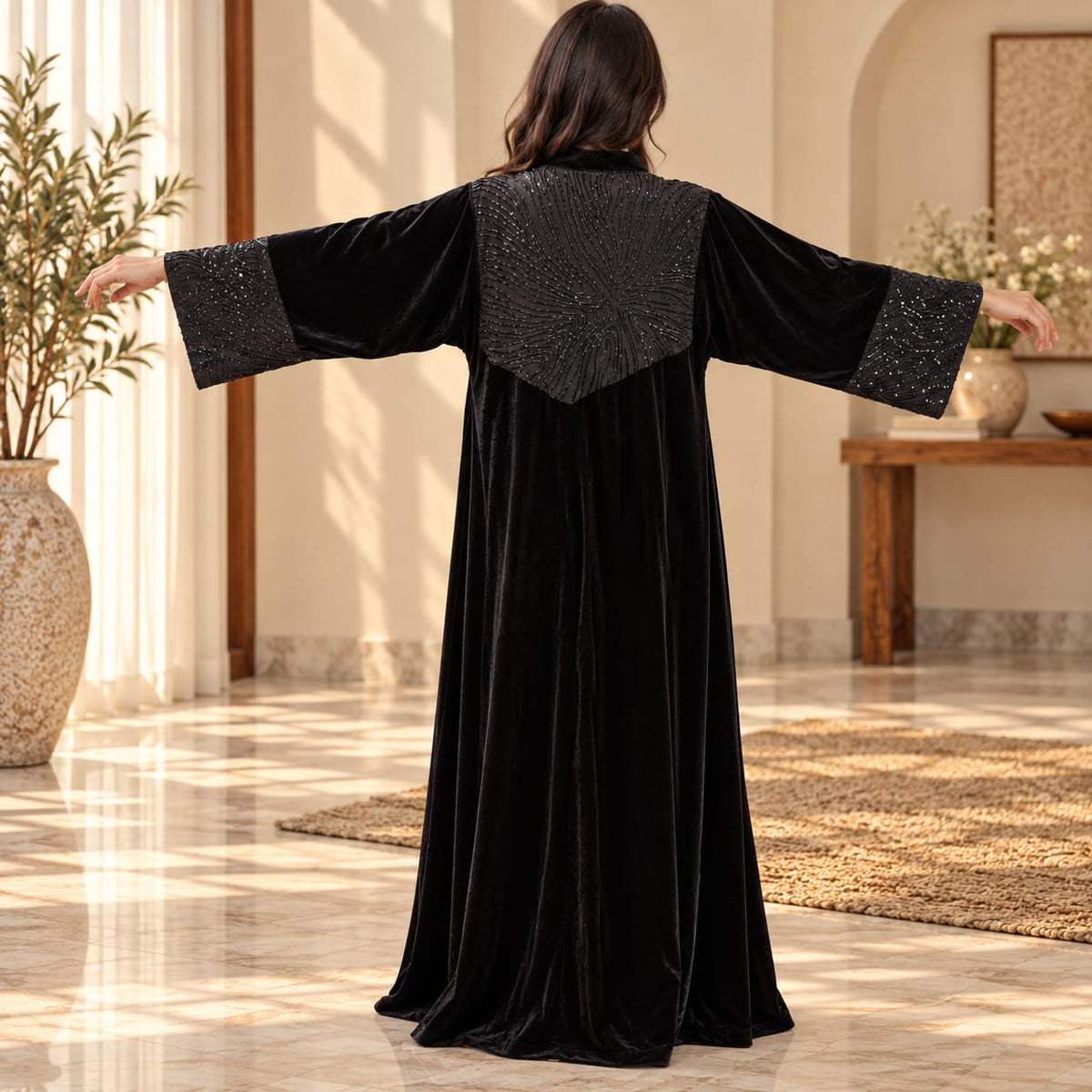 Free Size Royal Burgundy Velvet Crystal Kaftan – 60 Inches Length