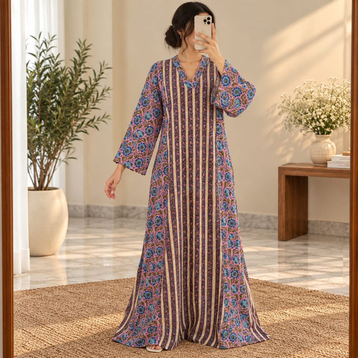 L/XL Special Crystal  Printed Cotton Long Dress Jalabiya – 57"