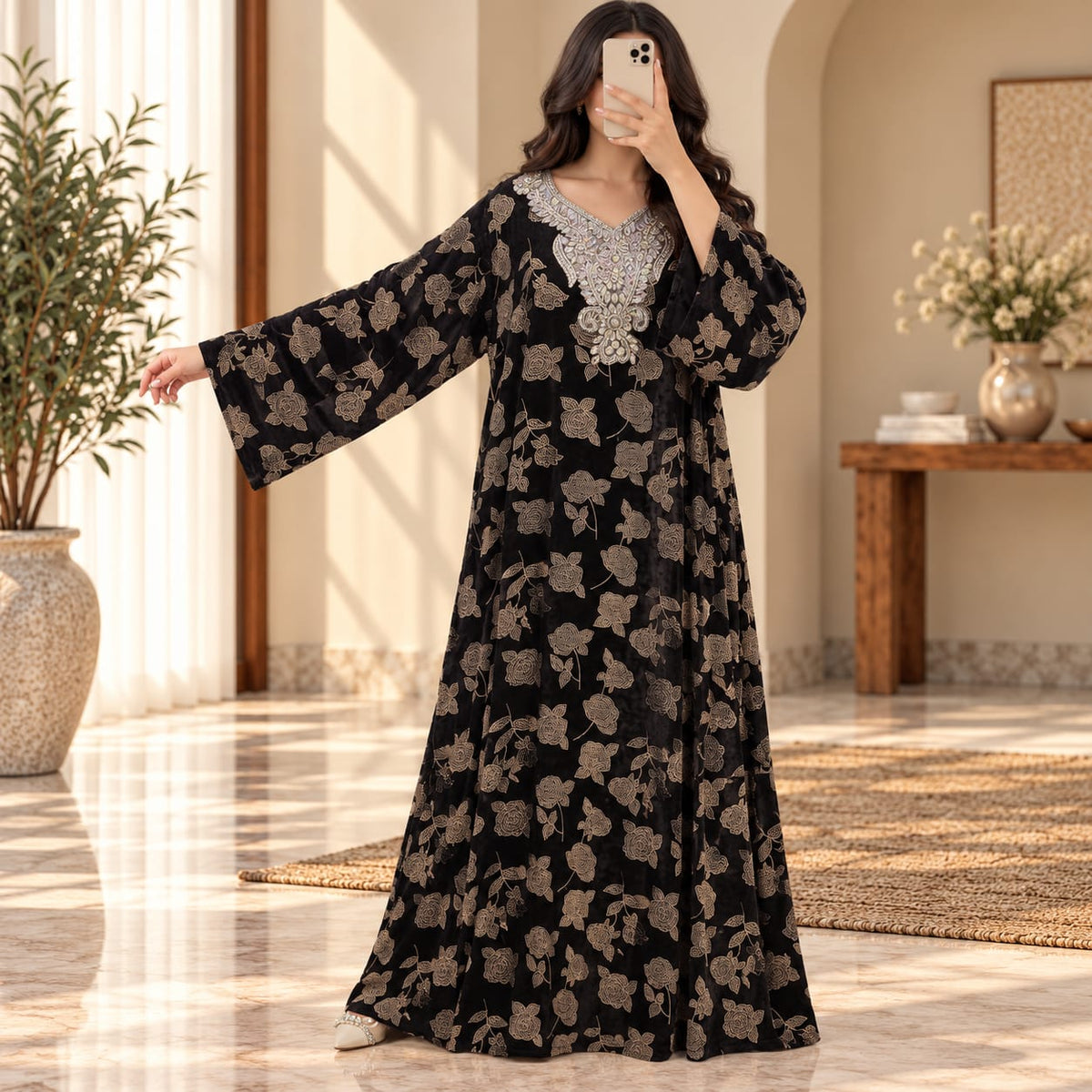 S/M Royal Burgundy Velvet Crystal Kaftan – 60 Inches Length.