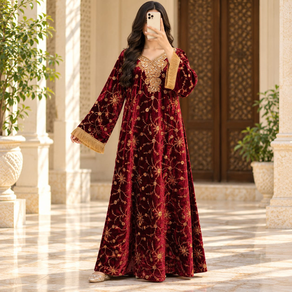 L/XL Royal Burgundy Velvet Crystal Kaftan – 60 Inches Length.