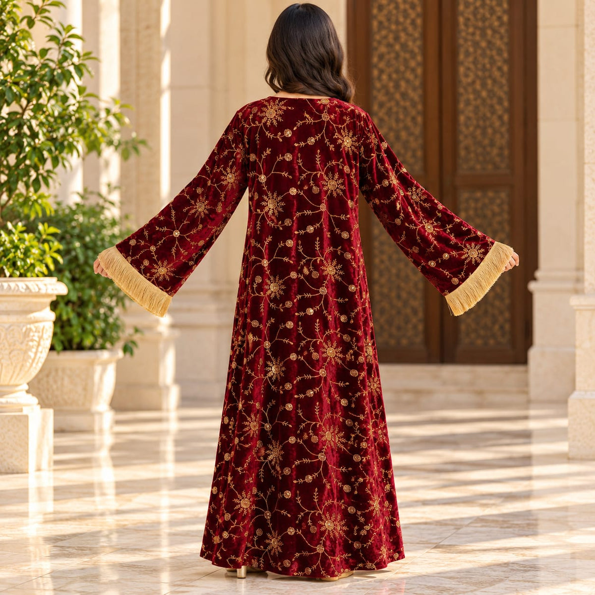 L/XL Royal Burgundy Velvet Crystal Kaftan – 60 Inches Length.