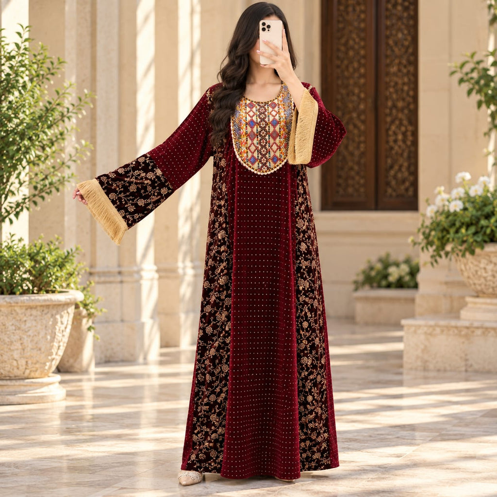 S/M Royal Burgundy Velvet Crystal Kaftan – 60 Inches Length.