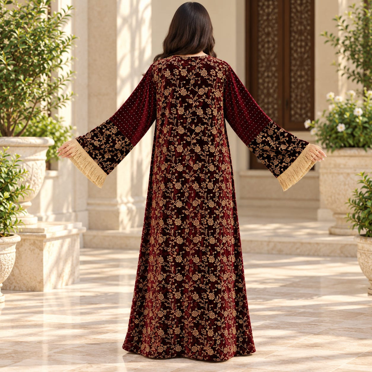 S/M Royal Burgundy Velvet Crystal Kaftan – 60 Inches Length.