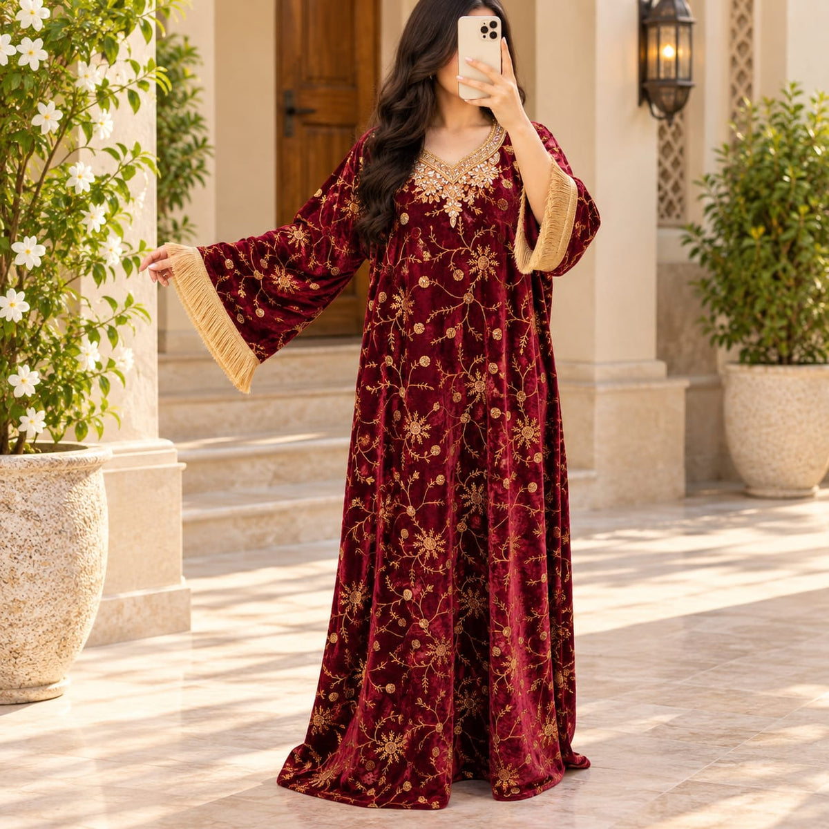 S/M Royal Burgundy Velvet Crystal Kaftan – 60 Inches Length.