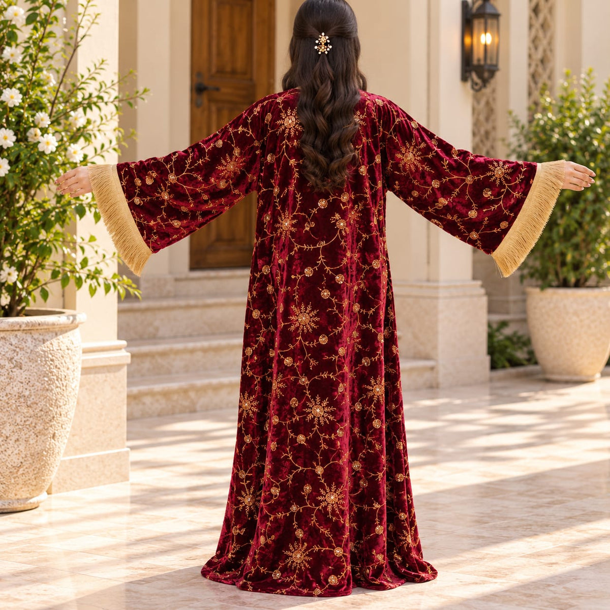 S/M Royal Burgundy Velvet Crystal Kaftan – 60 Inches Length.