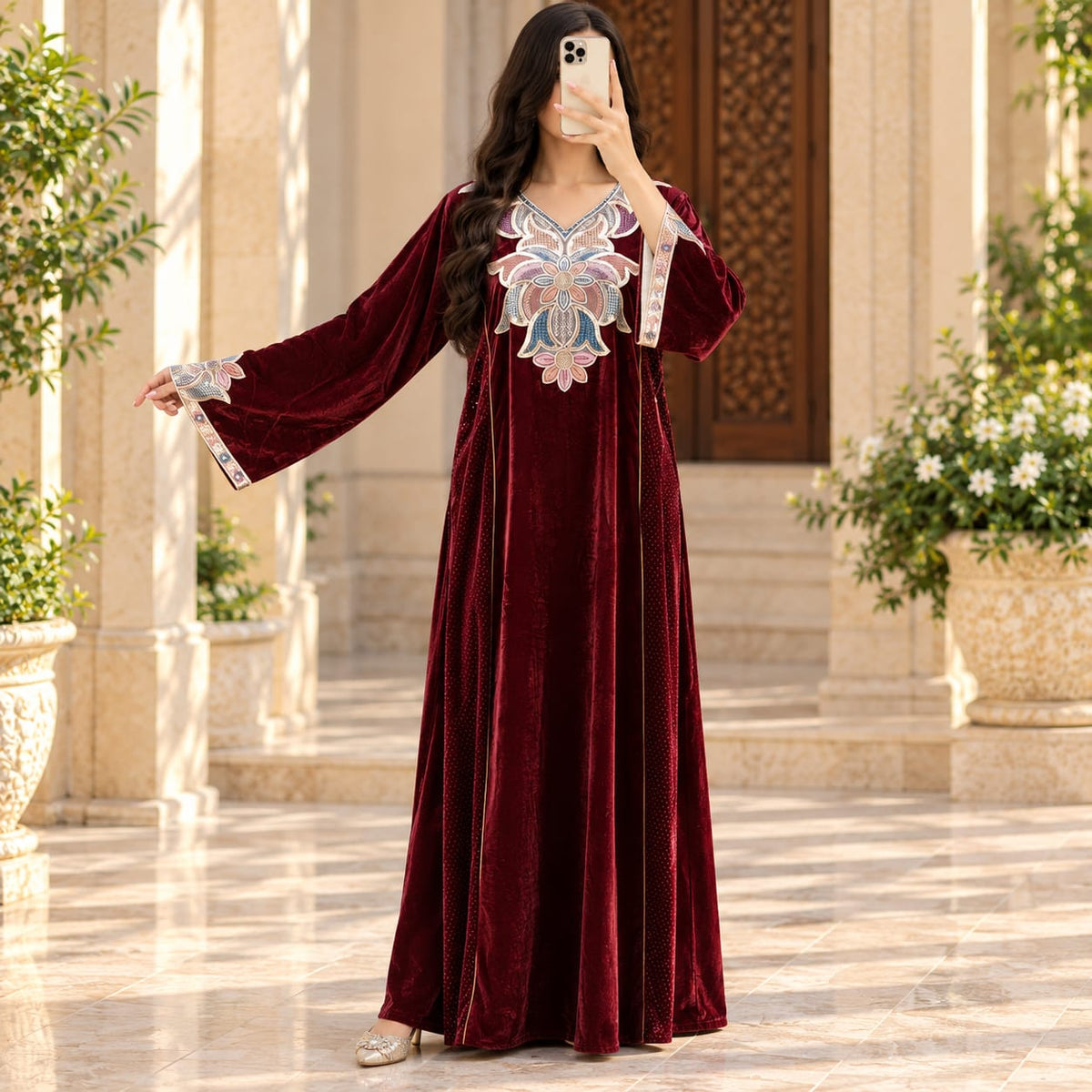 S/M Royal Burgundy Velvet Crystal Kaftan – 60 Inches Length.