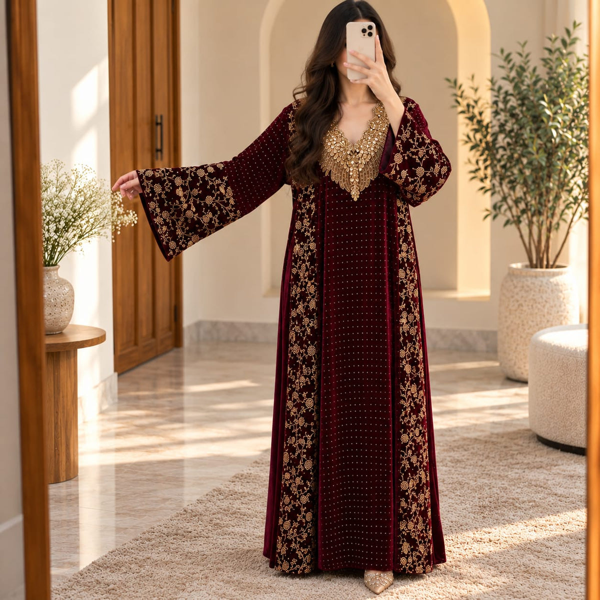 S/M Royal Burgundy Velvet Crystal Kaftan – 60 Inches Length.