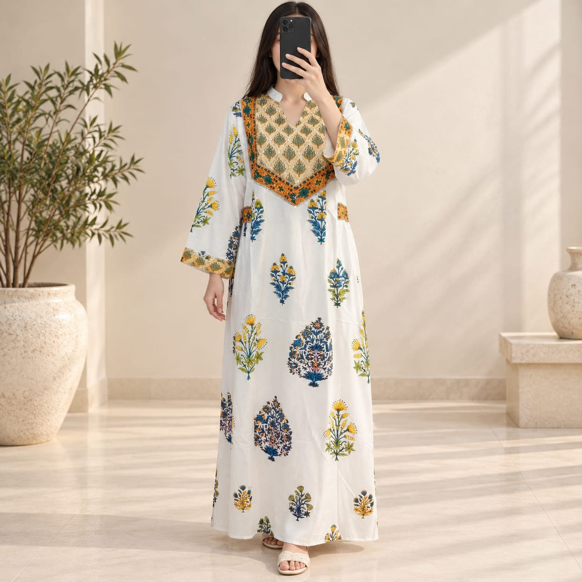 XS/S Arwa Printed Cotton Long Dress Jalabiya – 54