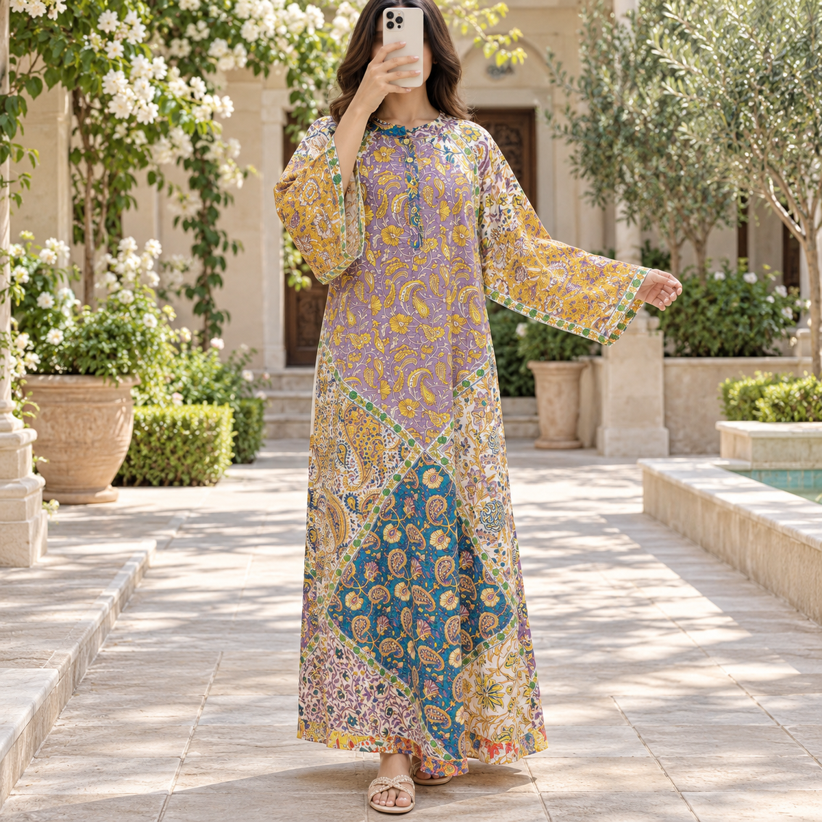L/XL Takisha Crystal Printed Cotton Long Dress Jalabiya – 57