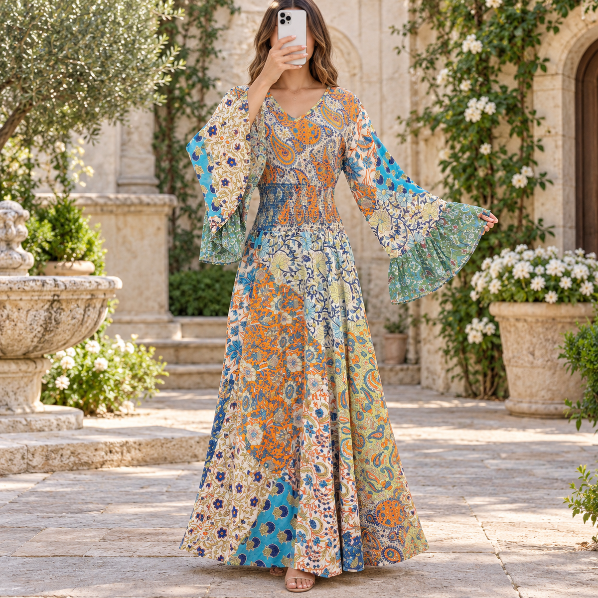 L/XL Musira Printed Cotton Long Dress Jalabiya – 57"