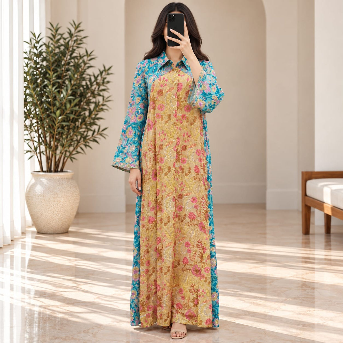 2XL/3LXL Honey Crystal Printed Cotton Long Dress Jalabiya – 57