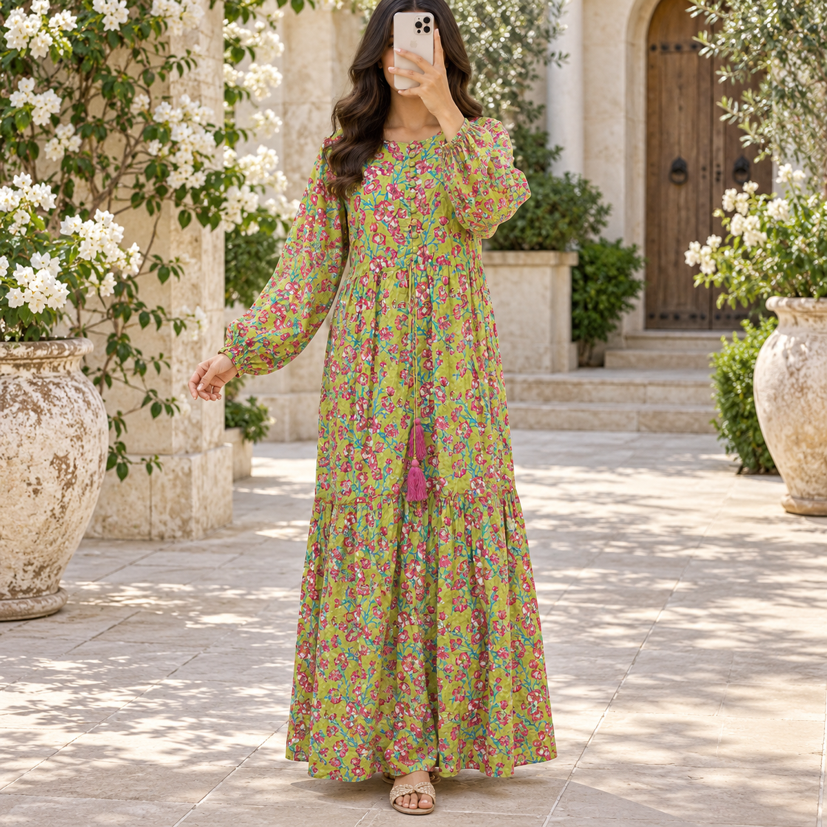 2XL-3XL Cora Crystal Printed Cotton Long Dress Jalabiya – 57"