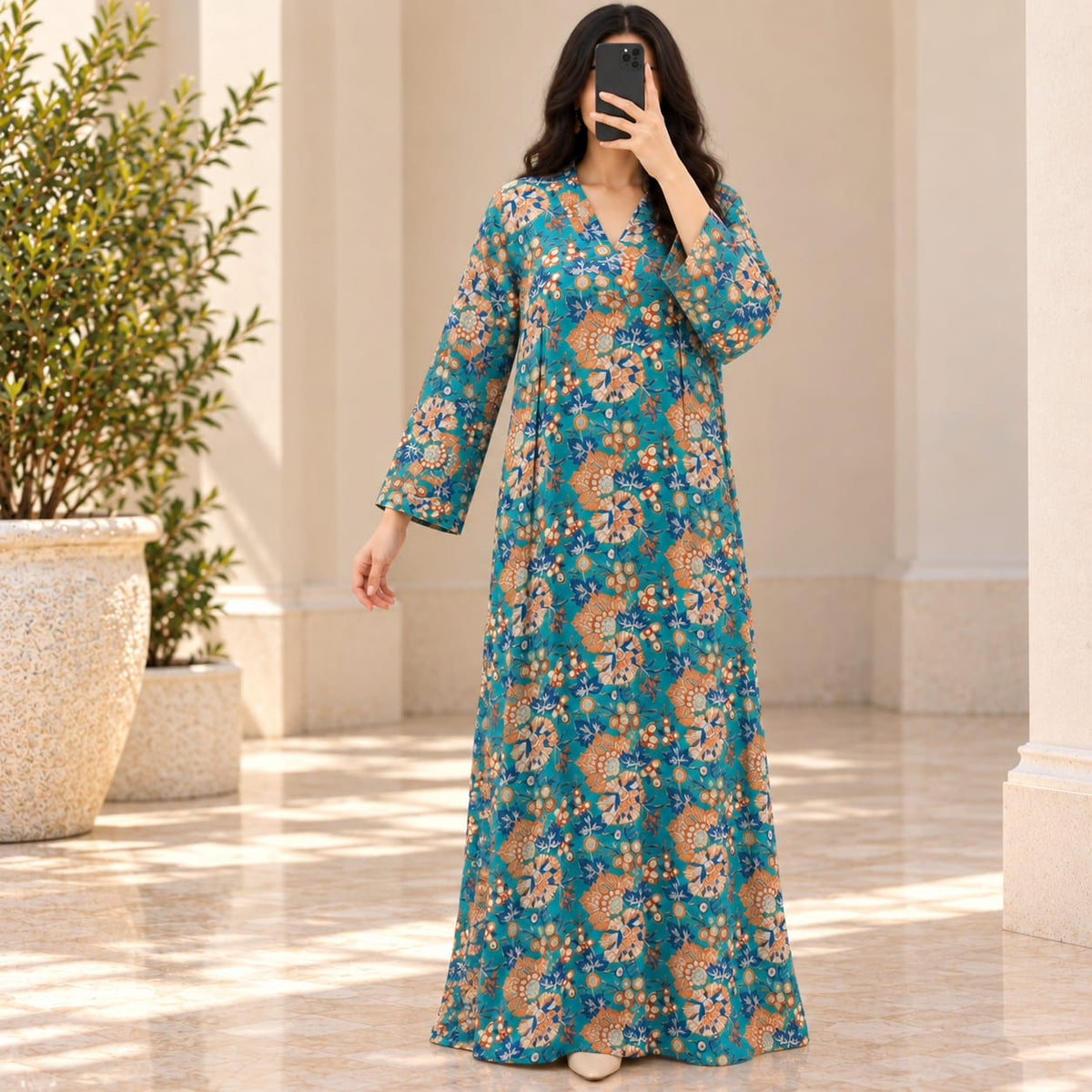 L/XL Teena Crystal Printed Cotton Long Dress Jalabiya – 57"