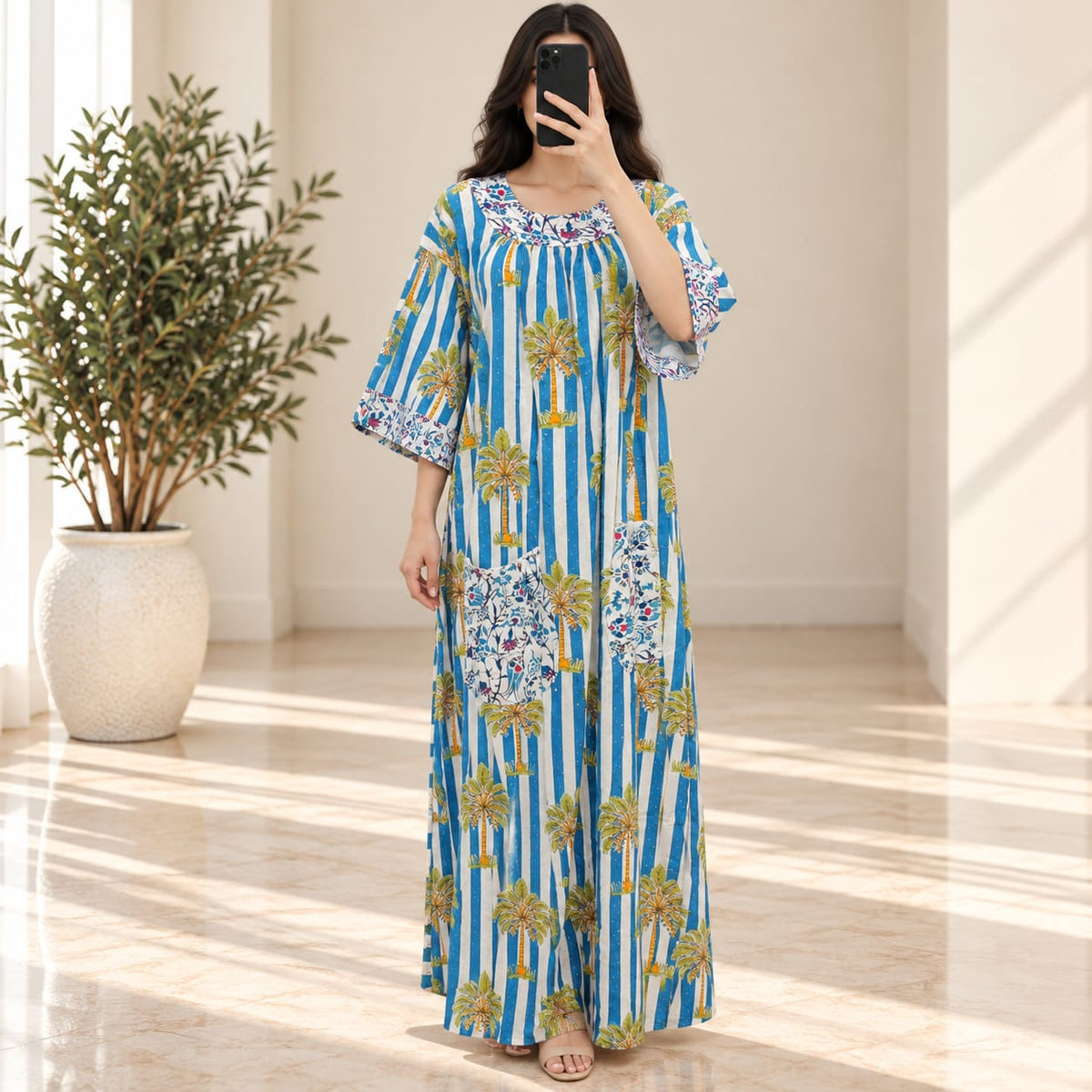 2XL/3LXL Nawaar Crystal Printed Cotton Long Dress Jalabiya – 57