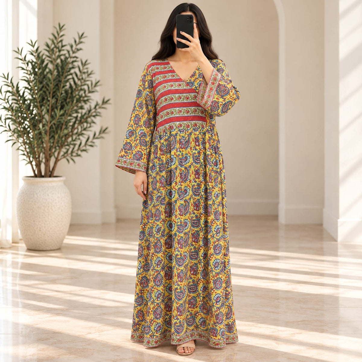 2XL/3XL Eaisy Crystal  Printed Cotton Long Dress Jalabiya – 57