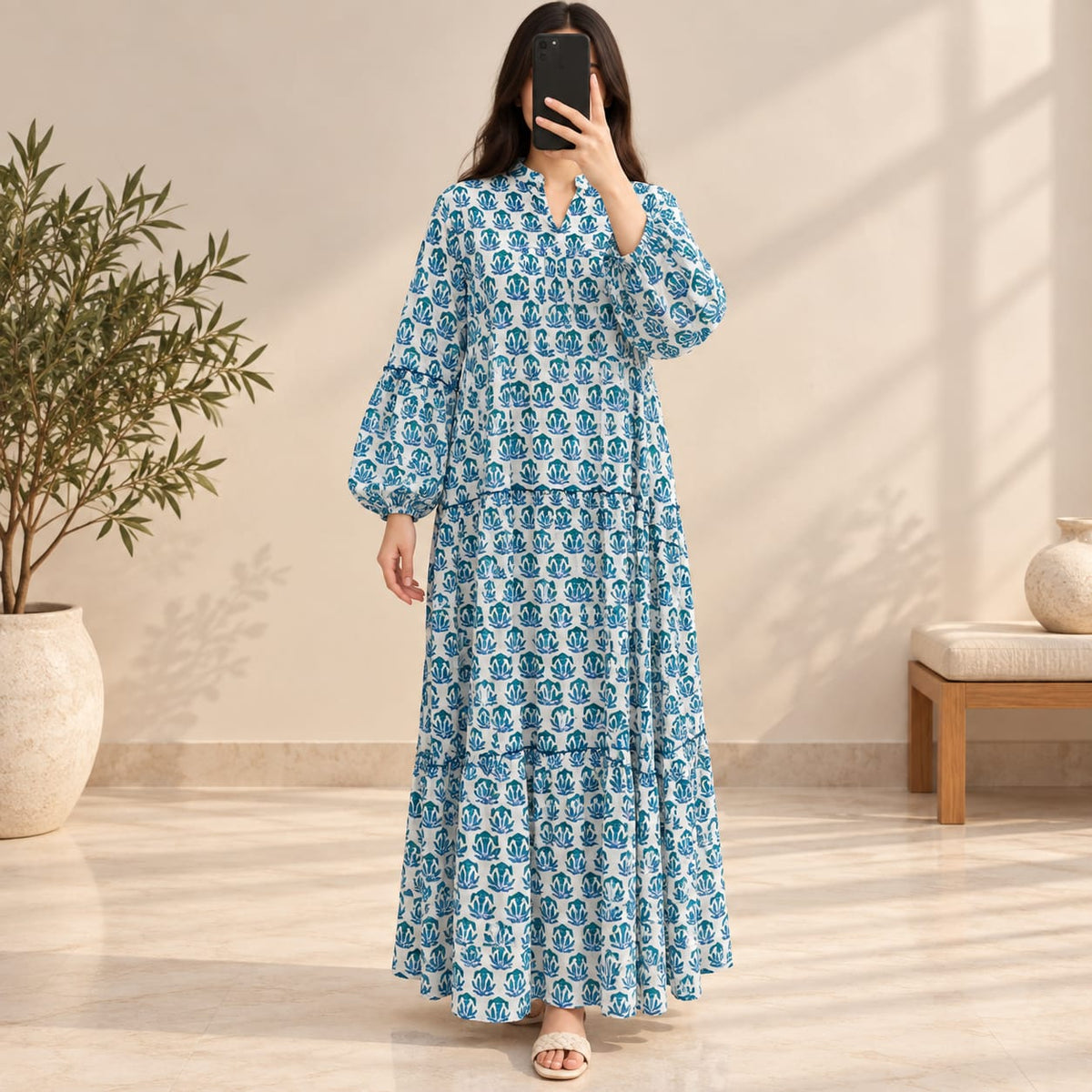 S/M Ziya Printed Cotton Long Dress Jalabiya – 57"