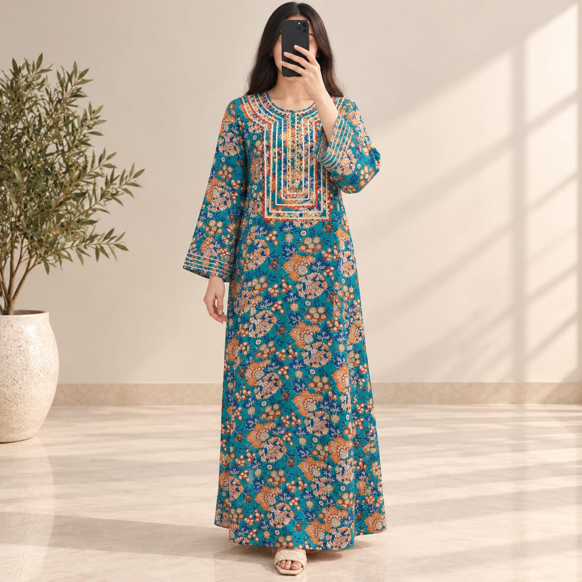 L/XL Harisa Printed Cotton Long Dress Jalabiya – 57