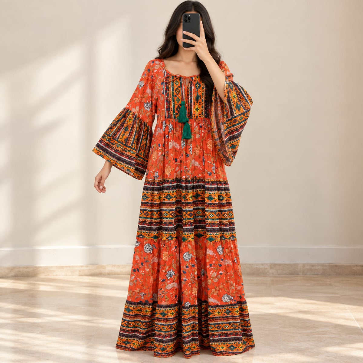 S/M Anaya Printed Cotton Long Dress Jalabiya – 57