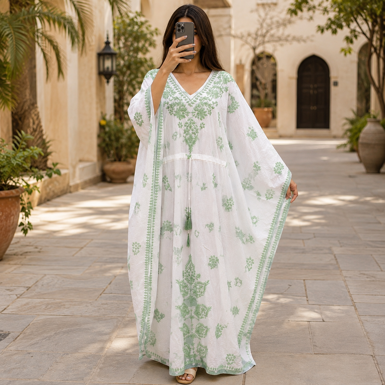 Free Size Farasha Embriodered Printed Cotton Long Dress Jalabiya – 57"