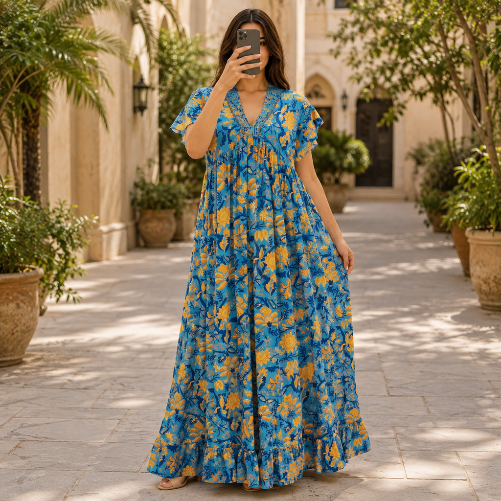 L-XL Amani Crystal Printed Silk Long Dress Jalabiya – 57