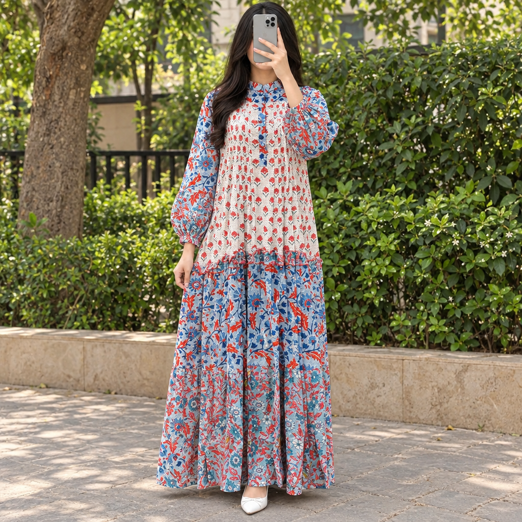 L/XL Elle Printed Cotton Dress 57" Long Jalabiya