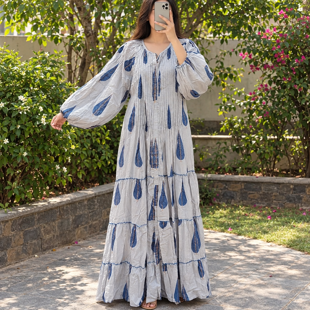 S-M Fawz Printed Cotton Dress 57" Long Jalabiya