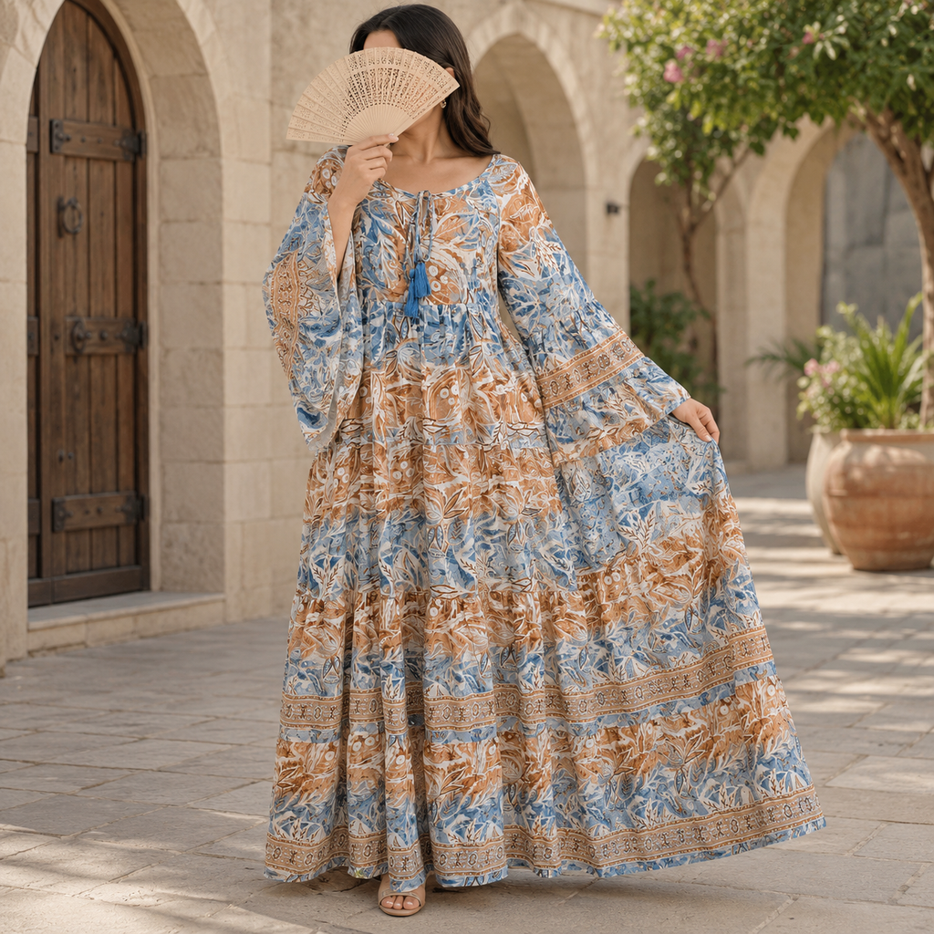 S/M Gaby Crystal Printed Silk Long Dress Jalabiya – 57
