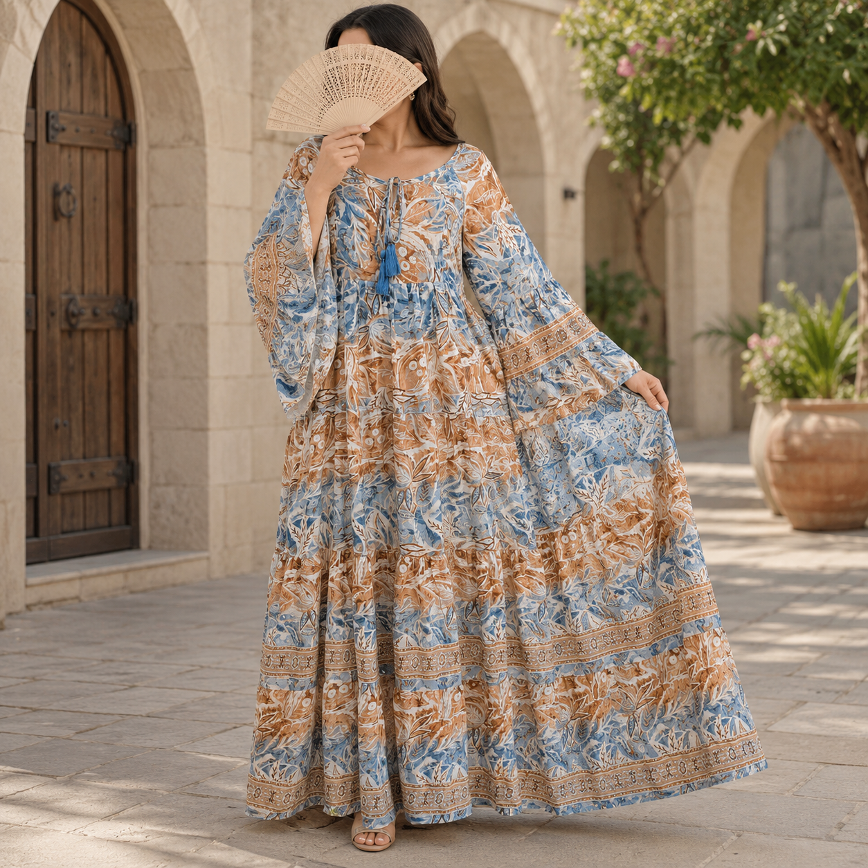 S/M Gaby Crystal Printed Silk Long Dress Jalabiya – 57