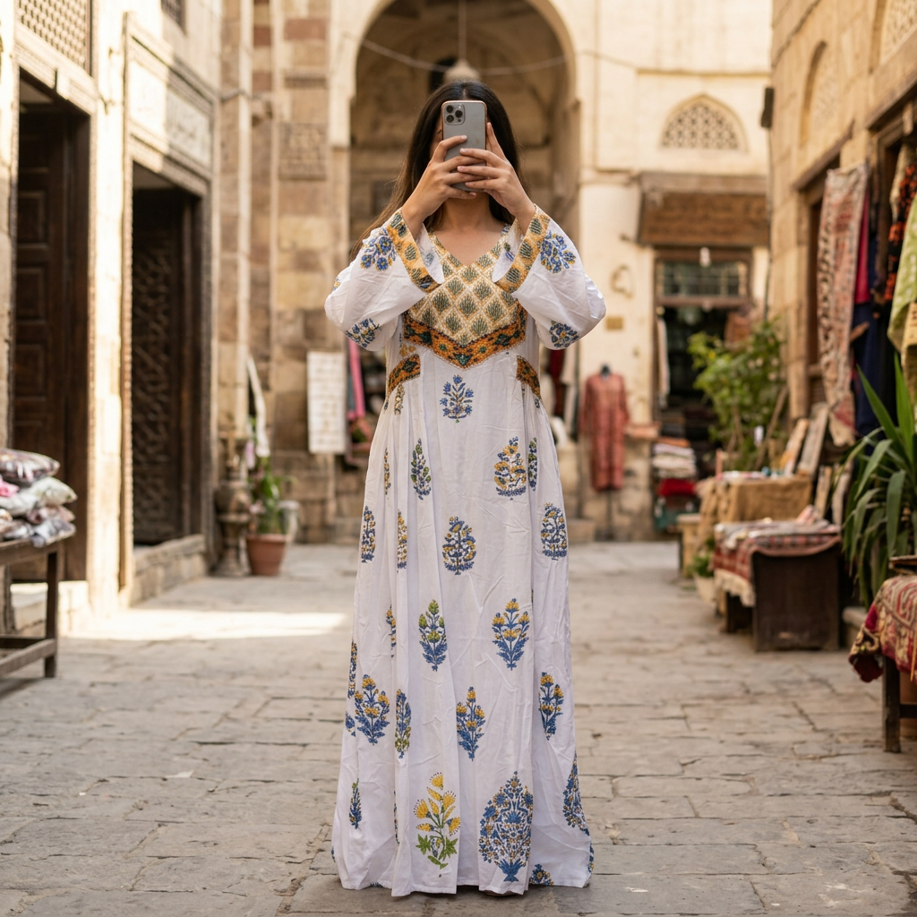 S/M Arwa Printed Cotton Long Dress Jalabiya – 57