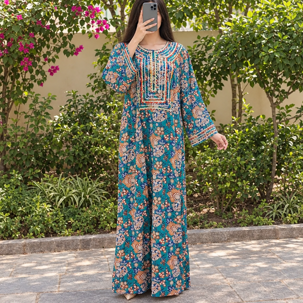 L/XL Harisa Printed Cotton Long Dress Jalabiya – 57