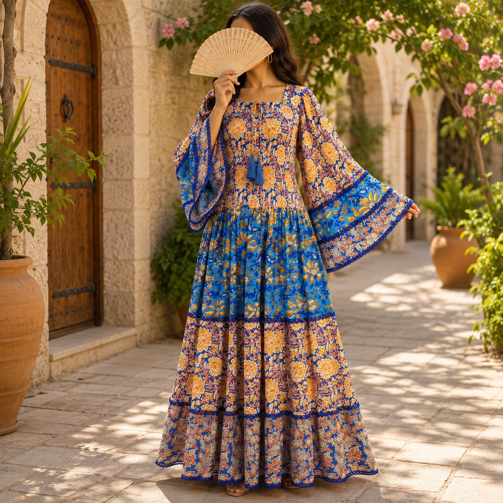 S/M Rahima Crystal Printed Silk Long Dress Jalabiya – 57