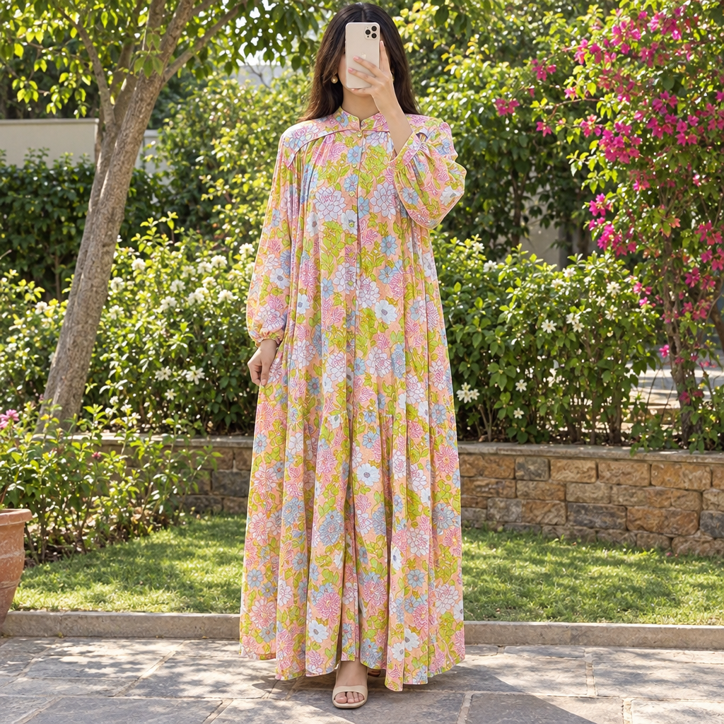 L/XL Yazrin Printed Cotton Long Dress Jalabiya – 57