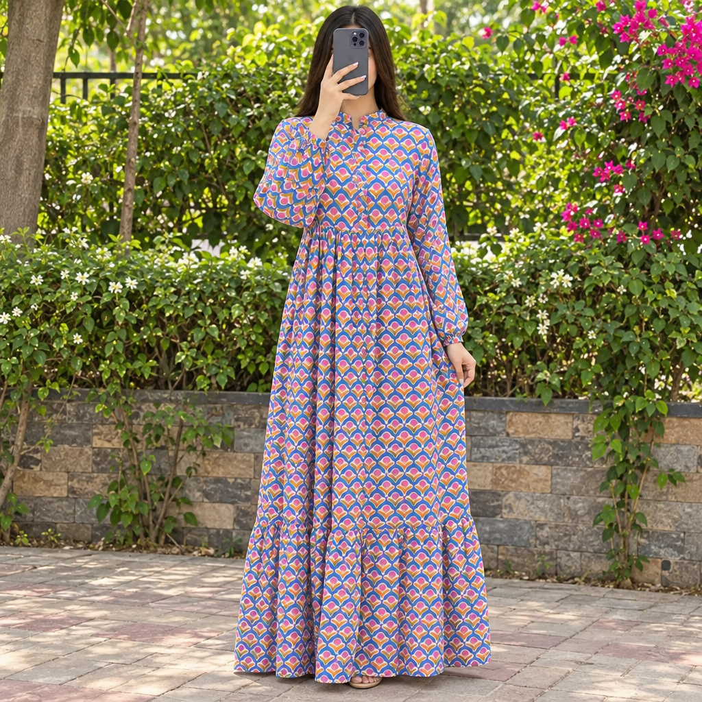 L-XL Zahra Printed Cotton Long Dress Jalabiya – 57