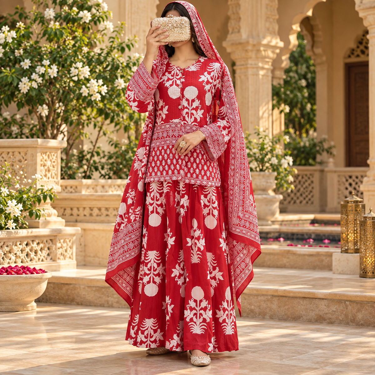 S/M Cotton Printed Jacket & Jalabiya With Sheila Set length 57” Long.