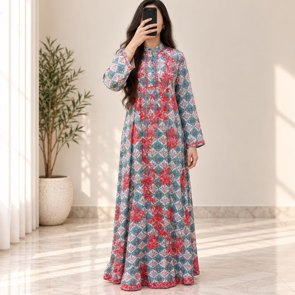 S/M Sofi Embroidery Printed Cotton Long Dress Jalabiya – 57