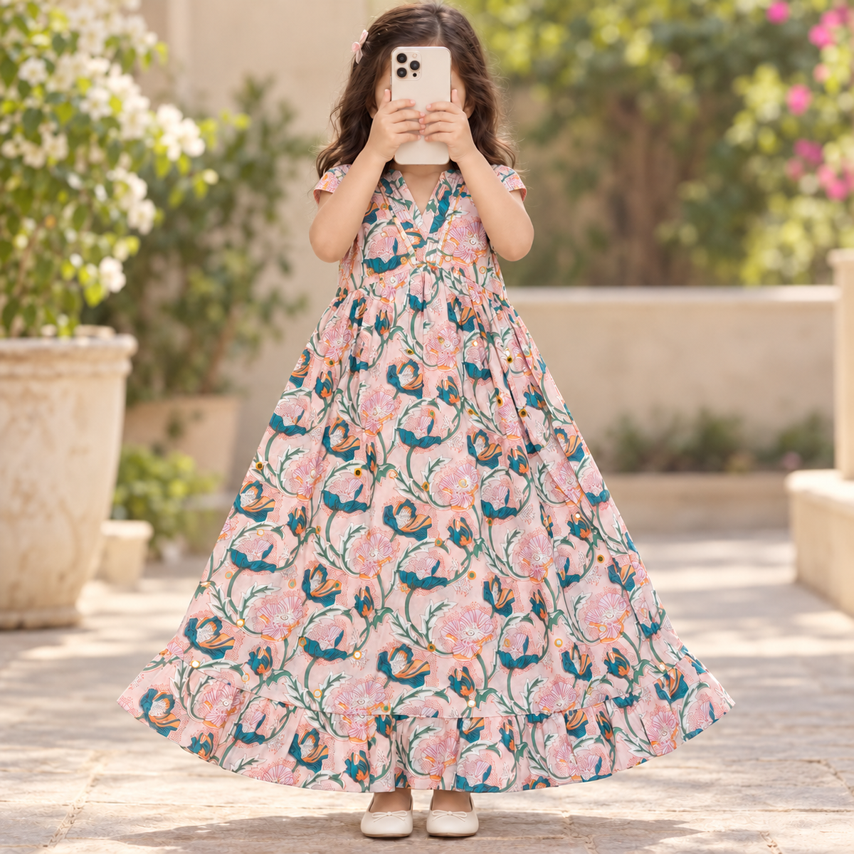 10-11 Year Amani Printed Cotton Girls Dress 46" Short Sleeves Jalabiya
