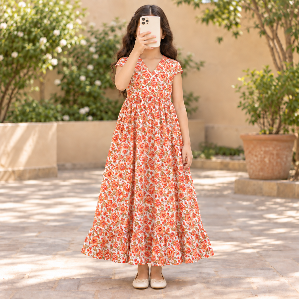 12-13 Year Amani Crystal Printed Cotton Girls Dress 50" Long Jalabiya