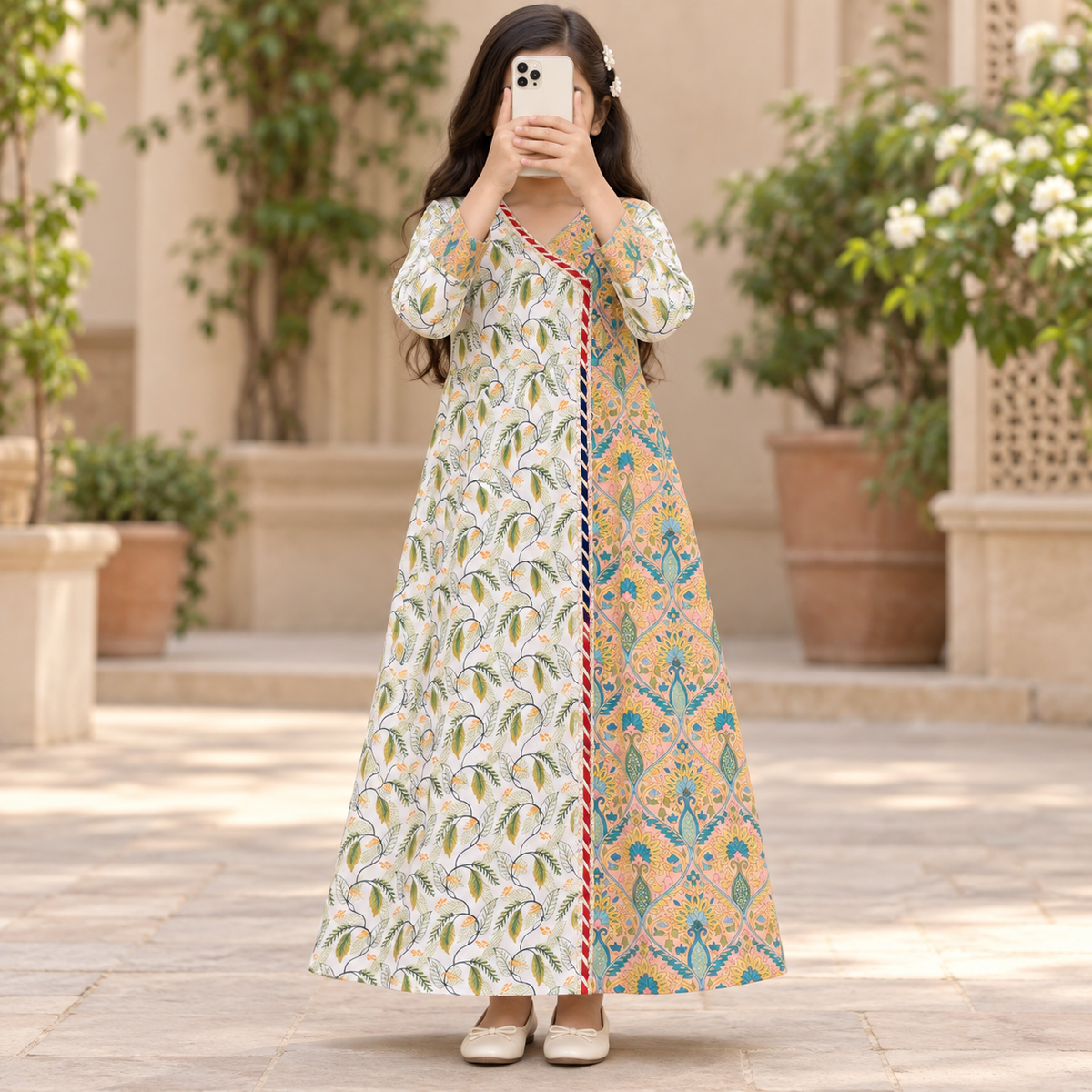 12-13 Year Lupines Printed Cotton Girls Dress 50" Long Jalabiya