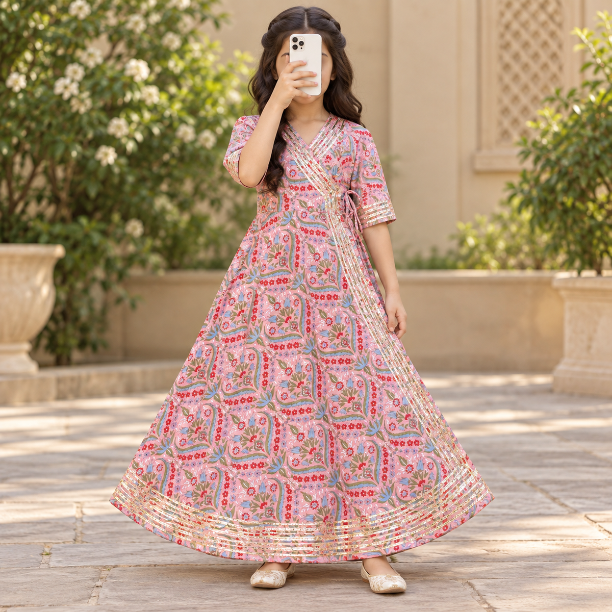 12-13 Year Priam Printed Cotton Girls Dress 50" Long Jalabiya