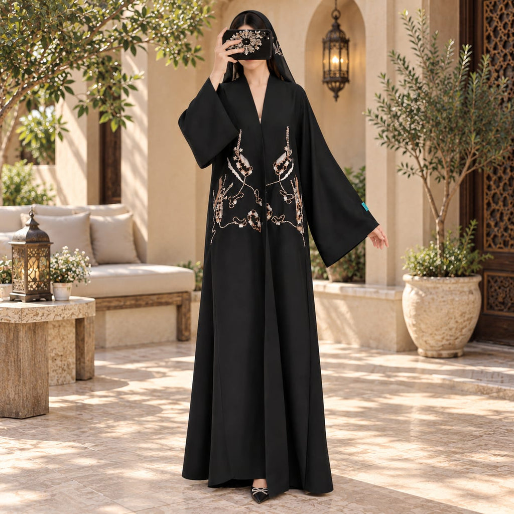 Opulent Black Trimmed Designer Abaya 57" Inches Length