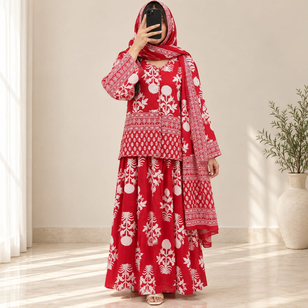 S/M Cotton Printed Jacket & Jalabiya With Sheila Set length 57” Long.