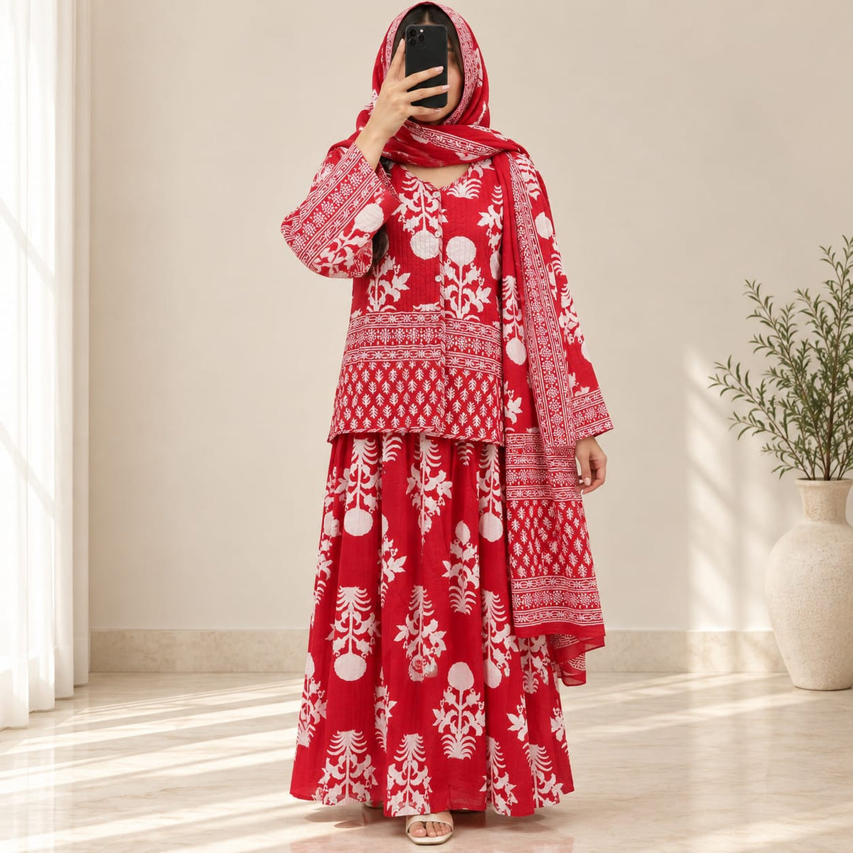 S/M Cotton Printed Jacket & Jalabiya With Sheila Set length 57” Long.
