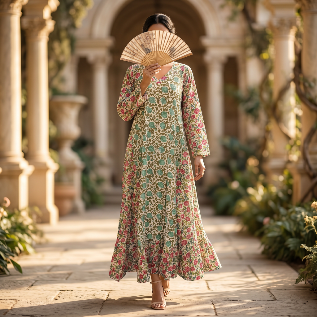 S-M Najia Crystal Printed Cotton Dress 57" Long Jalabiya RN 121