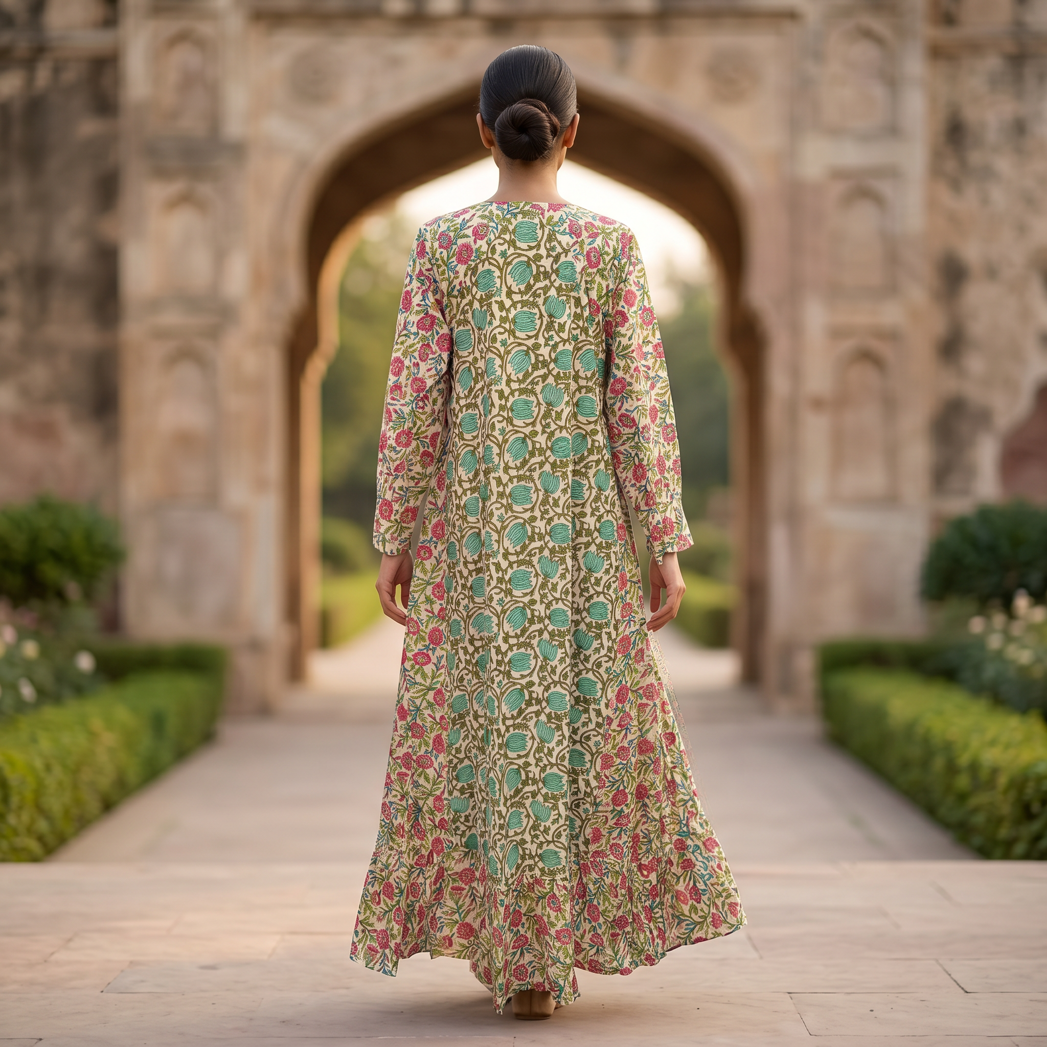 S-M Najia Crystal Printed Cotton Dress 57" Long Jalabiya RN 121