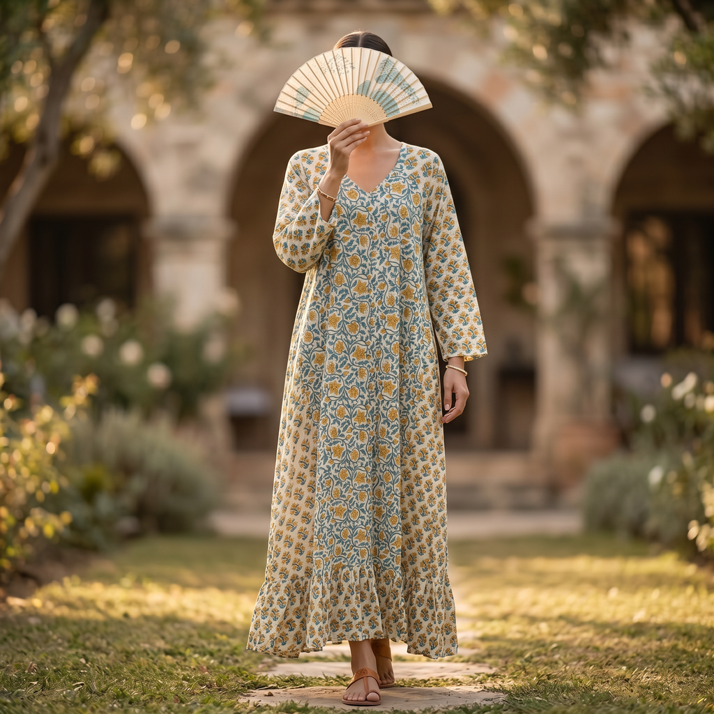 S-M Najia Crystal Printed Cotton Dress 57" Long Jalabiya RN 122