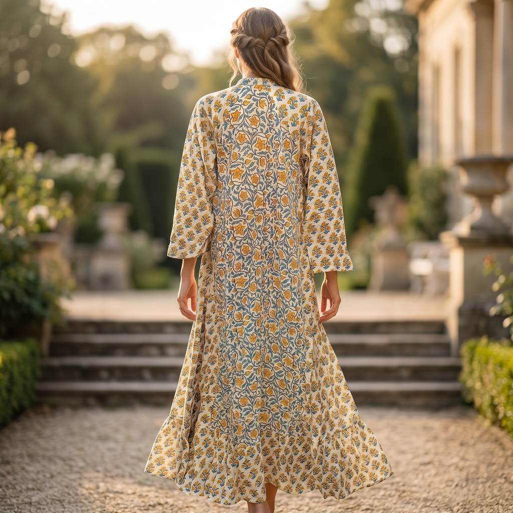 S-M Najia Crystal Printed Cotton Dress 57" Long Jalabiya RN 122