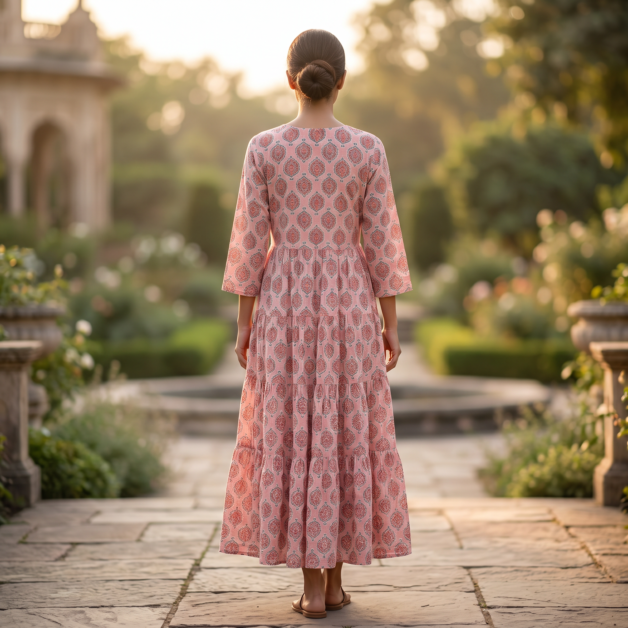 S-M Razia Crystal Printed Cotton Dress 57" Long Jalabiya RN 125