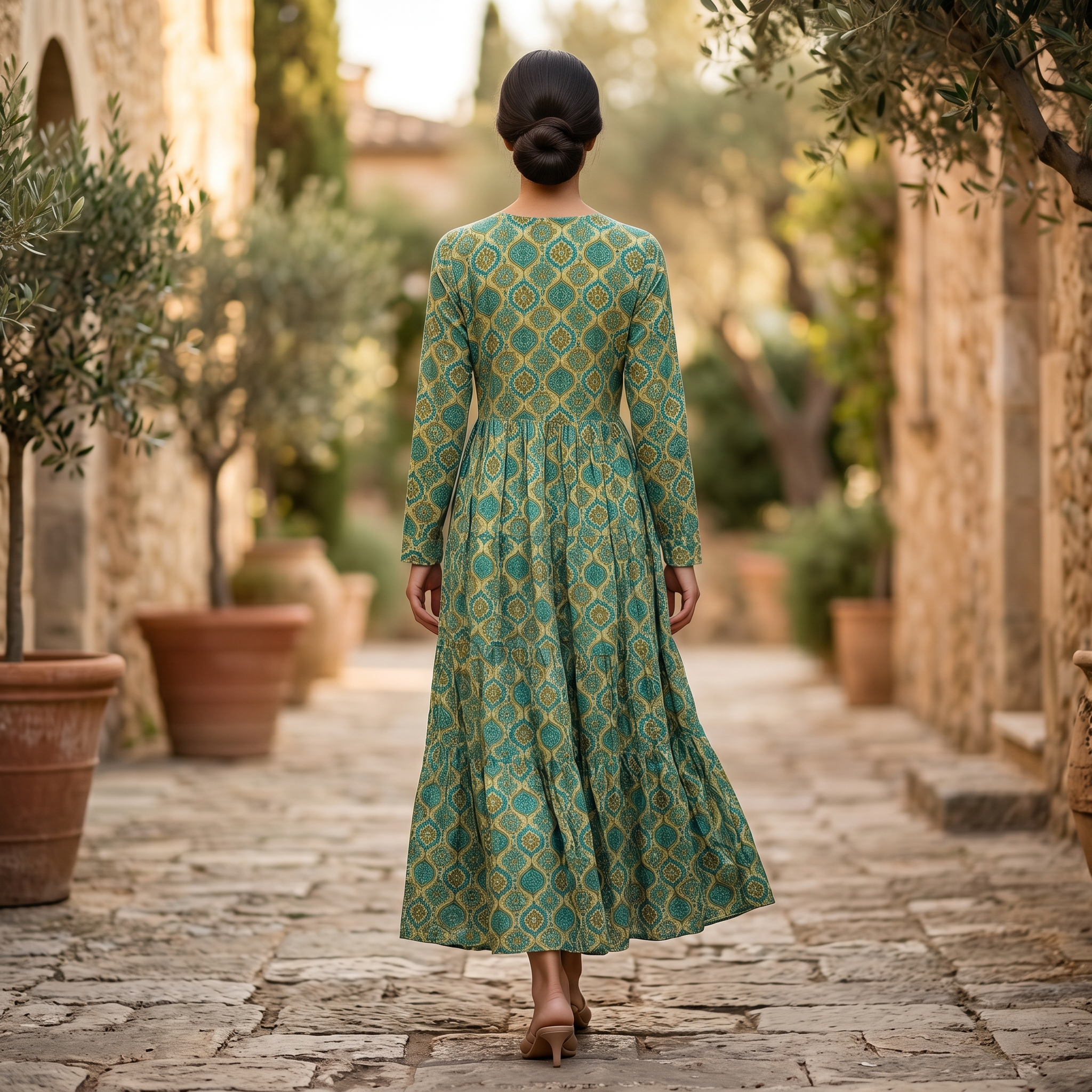 S-M Razia Crystal Printed Cotton Dress 57" Long Jalabiya RN 126